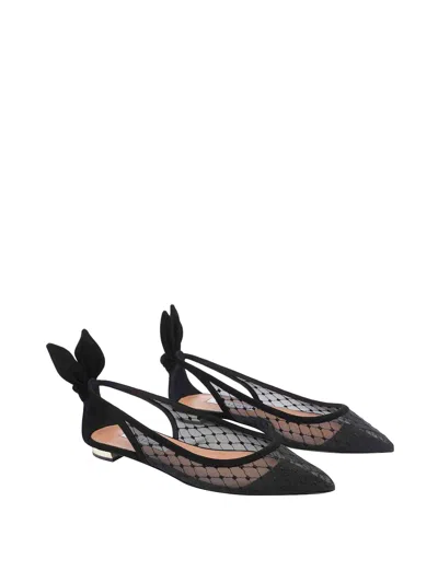 Aquazzura Black Mesh And Suede Ballerinas With Bow In Black