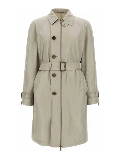 Burberry Silk Waist Belt Buckle Long Sleeve Coat In Gray