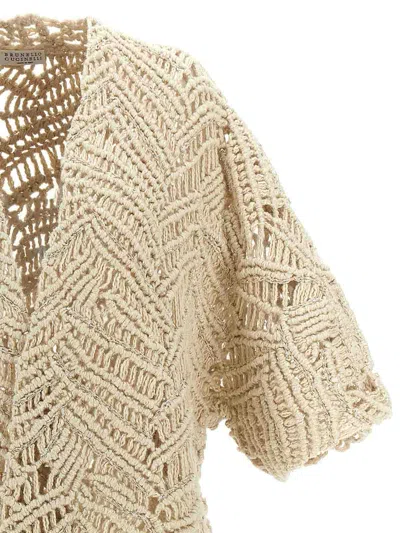 Brunello Cucinelli 'macramé Crochet' Short Sleeve Cardigan With Fringe