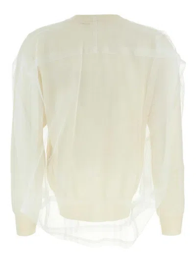 Comme Des Garçons Wool Sweater With Multilayer Tulle Detail In Neutral
