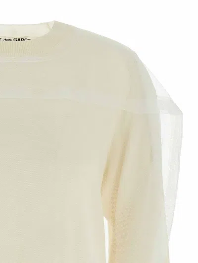 Comme Des Garçons Wool Sweater With Multilayer Tulle Detail In Neutral