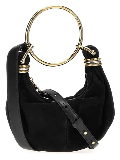 Chloé Bracelet Small Embellished Leather-trimmed Suede Shoulder Bag In Black