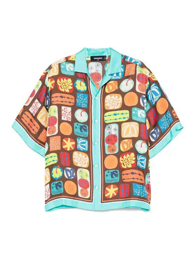 Dsquared2 Multicolor Shirt With Cuban Collar And All-over Printed Motif In Multi