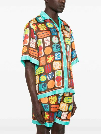 Dsquared2 Multicolor Shirt With Cuban Collar And All-over Printed Motif In Multi