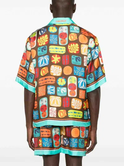 Dsquared2 Multicolor Shirt With Cuban Collar And All-over Printed Motif In Multi