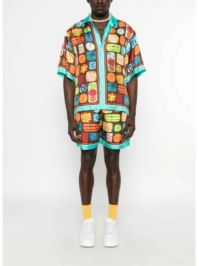 Dsquared2 Multicolor Shirt With Cuban Collar And All-over Printed Motif In Multi