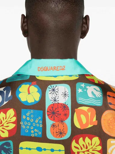 Dsquared2 Multicolor Shirt With Cuban Collar And All-over Printed Motif In Multi