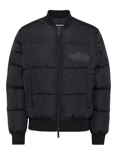 Dsquared2 Classic Black Puffer Bomber Jacket With Ribbed Cuffs In Black