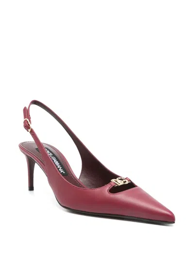 Dolce & Gabbana Leather Slingback Metal Logo In Burgundy