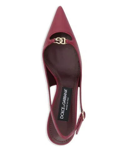 Dolce & Gabbana Leather Slingback Metal Logo In Burgundy