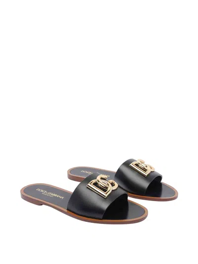 Dolce & Gabbana Black Calf Leather Bianca Slides
