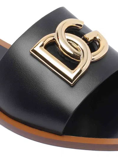 Dolce & Gabbana Black Calf Leather Bianca Slides