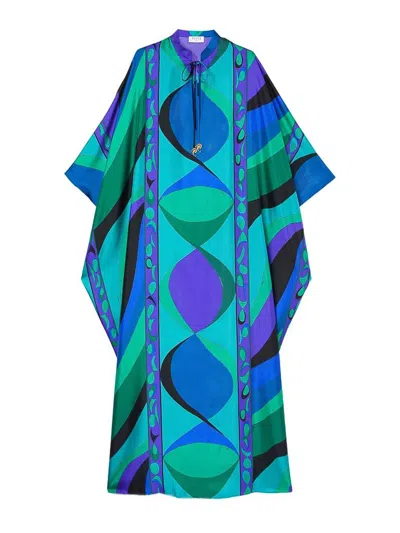 Emilio Pucci Silk Twill Kaftan With Vibrant Pisces Print In Blue