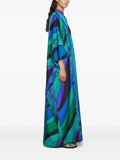 Emilio Pucci Silk Twill Kaftan With Vibrant Pisces Print In Blue