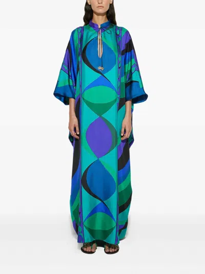 Emilio Pucci Silk Twill Kaftan With Vibrant Pisces Print In Blue