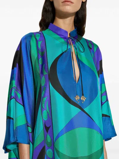 Emilio Pucci Silk Twill Kaftan With Vibrant Pisces Print In Blue