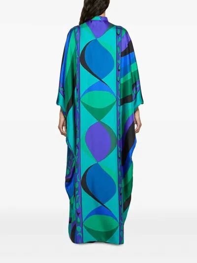 Emilio Pucci Silk Twill Kaftan With Vibrant Pisces Print In Blue