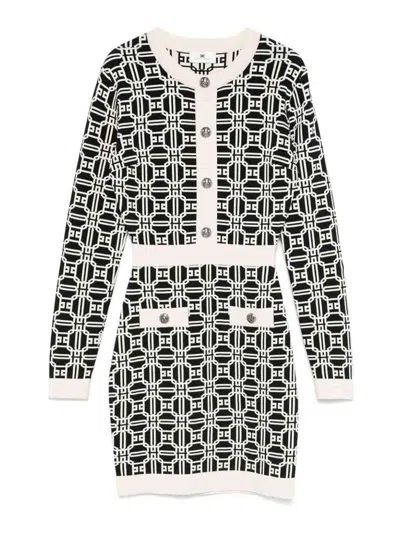 Elisabetta Franchi Logo-jacquard Long-sleeved Mini Dress In Black