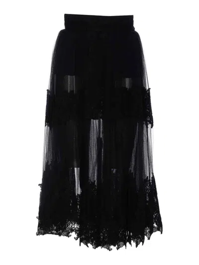 Elisabetta Franchi High Waist Embroidered Midi Skirt With Sheer Overlay In Black