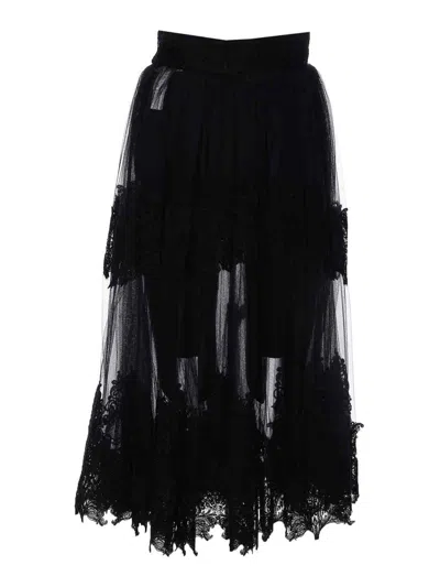 Elisabetta Franchi High Waist Embroidered Midi Skirt With Sheer Overlay In Black