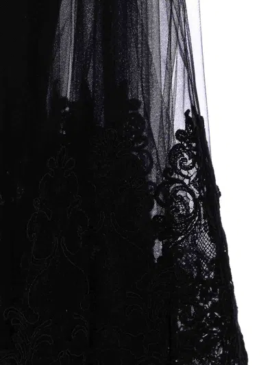 Elisabetta Franchi High Waist Embroidered Midi Skirt With Sheer Overlay In Black
