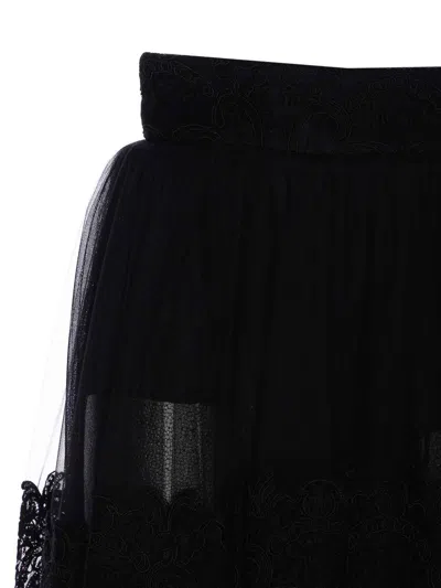 Elisabetta Franchi High Waist Embroidered Midi Skirt With Sheer Overlay In Black