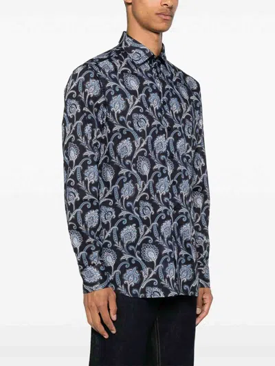 Etro Blue Cotton Shirt With All Over Paisley Print In Multi