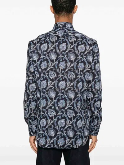 Etro Blue Cotton Shirt With All Over Paisley Print In Multi