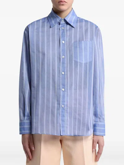 Etro Printed Silk And Striped Cotton-voile Shirt In Blue