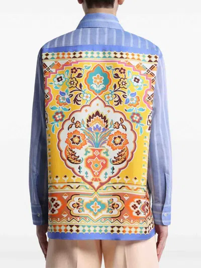 Etro Printed Silk And Striped Cotton-voile Shirt In Blue