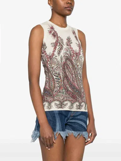 Etro , Silk And Cashmere Top With Placed Print, Woman, Multicolour, Size 44 In Multi