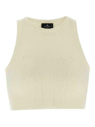 Etro Ivory Knitted Crop Top With Openwork Pattern In Neutral