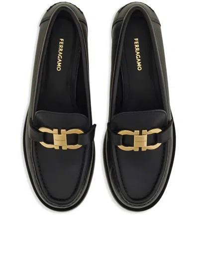 Ferragamo Leather Loafer With Iconic Gancini Detail In Black
