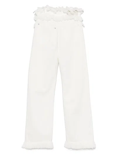 Ferragamo High Waist Wide Leg Trousers With Frayed Hem In White