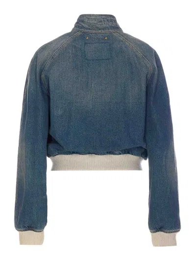 Golden Goose Ianira Denim Jacket With Knitted Ribbed Profiles In Blue