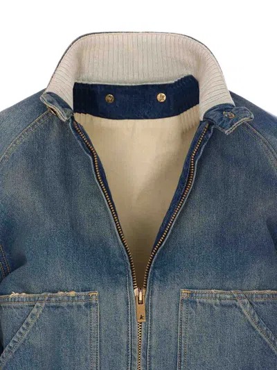 Golden Goose Ianira Denim Jacket With Knitted Ribbed Profiles In Blue