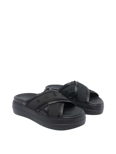 Hogan Cross Strap Platform Sandals In Black