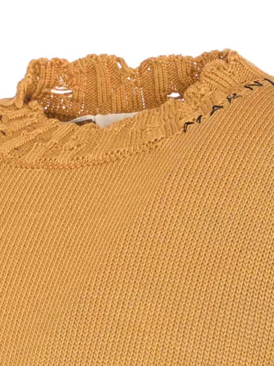 Marni Distressed Long Sleeve Ruffled Neckline Sweater In Brown