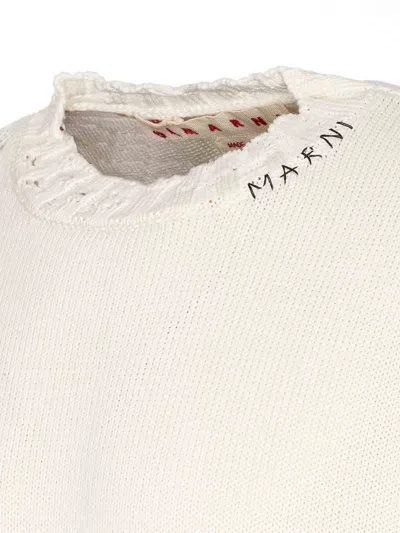 Marni Drawstring Crewneck Distressed Sweater In Neutral