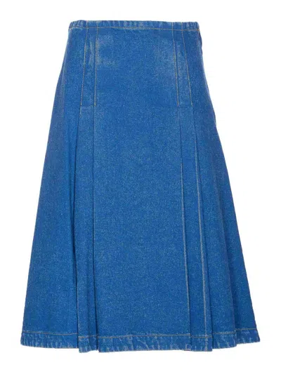 Marni Denim High Waist Midi Skirt With Pleated Detail In Blue