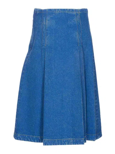 Marni Denim High Waist Midi Skirt With Pleated Detail In Blue