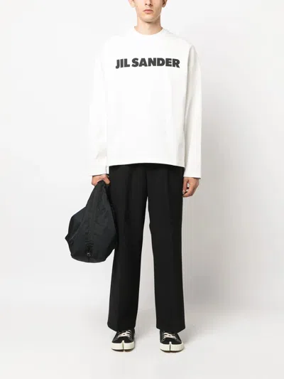 Jil Sander Men White Crewneck Sweatshirt With Contrasting Logo Print At The Front In Cotton Man In White