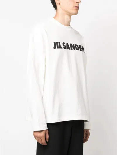 Jil Sander Men White Crewneck Sweatshirt With Contrasting Logo Print At The Front In Cotton Man In White