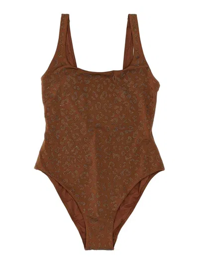 Mc2 Saint Barth Lora One Piece Leopard With Rhinestones In Brown