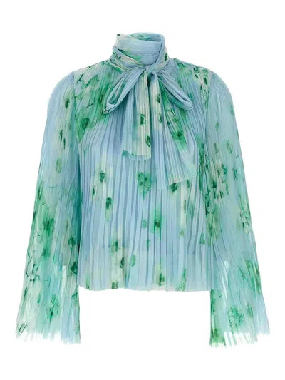 Pinko Pleated Sheer Floral Bow Long Sleeves In Blue
