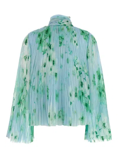 Pinko Pleated Sheer Floral Bow Long Sleeves In Blue