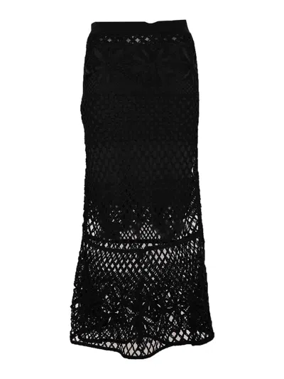 Pinko Black Long Skirt With Perforated Design And Floral Motif In Viscose Blend Woman In Black