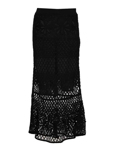 Pinko Black Long Skirt With Perforated Design And Floral Motif In Viscose Blend Woman In Black