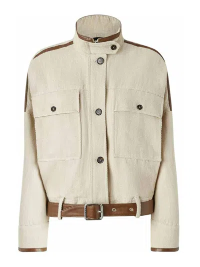 Pinko Blouson Jacket With Leather-effect Edging In Neutral