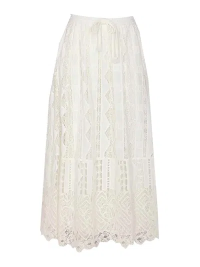 Pinko Flowing Maxi Skirt With Intricate Lace Detailing In White
